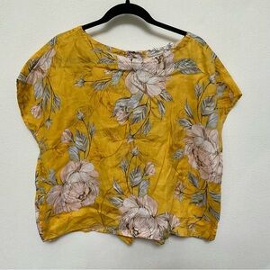 Nicole Miller Yellow 100% Linen Floral Print Cropped Top Size Medium Spring